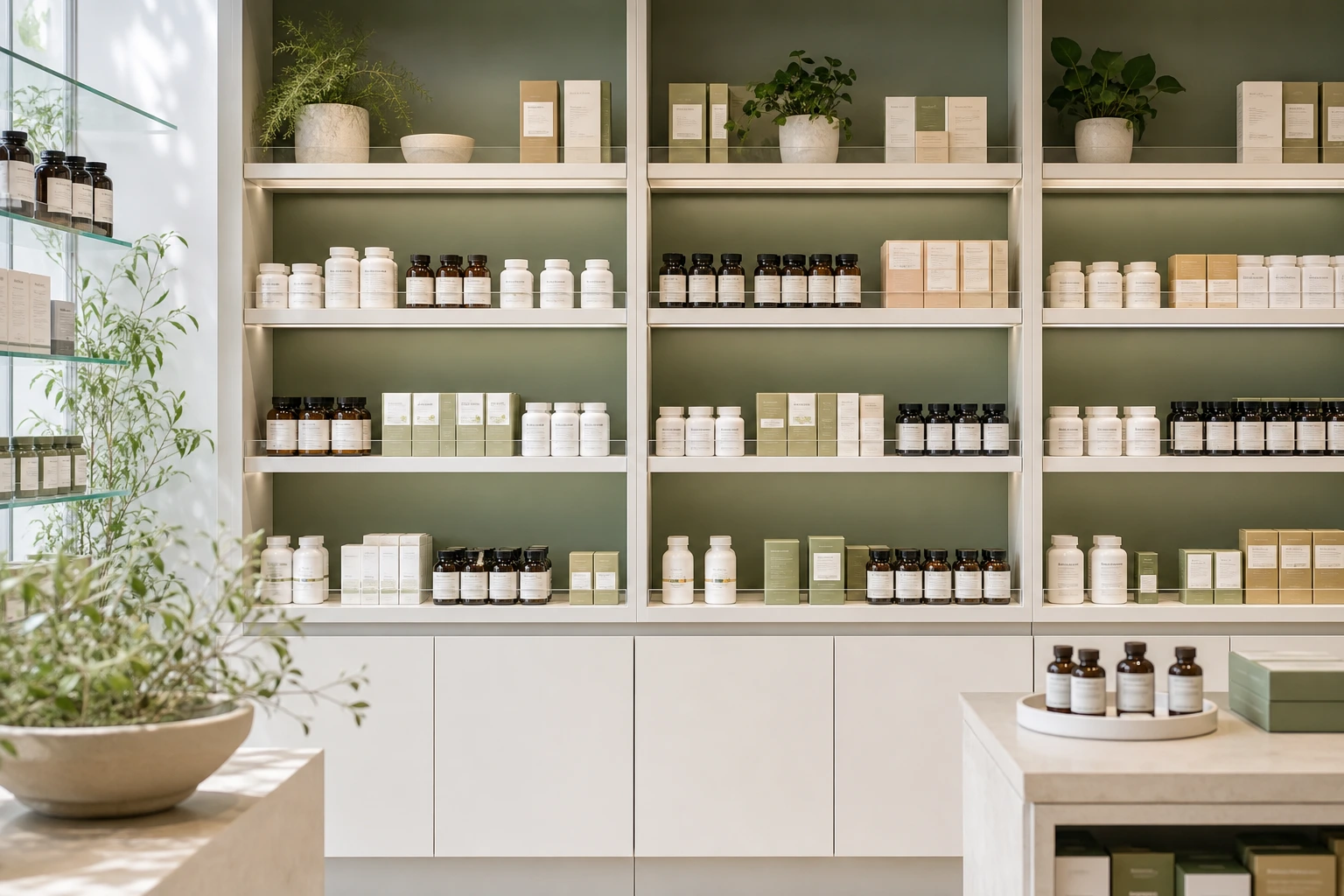 Vitamin wall with calm neutral packaging and clear shelf rhythm
