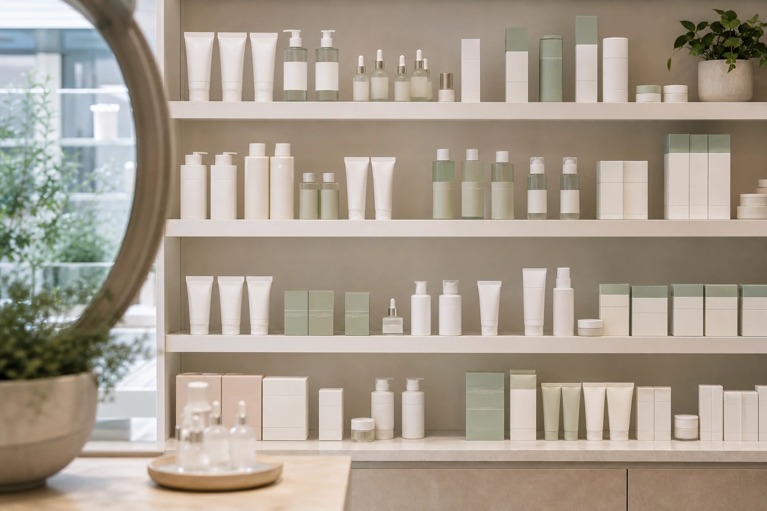 Dermo care shelf with creams cleansers and premium health-store styling
