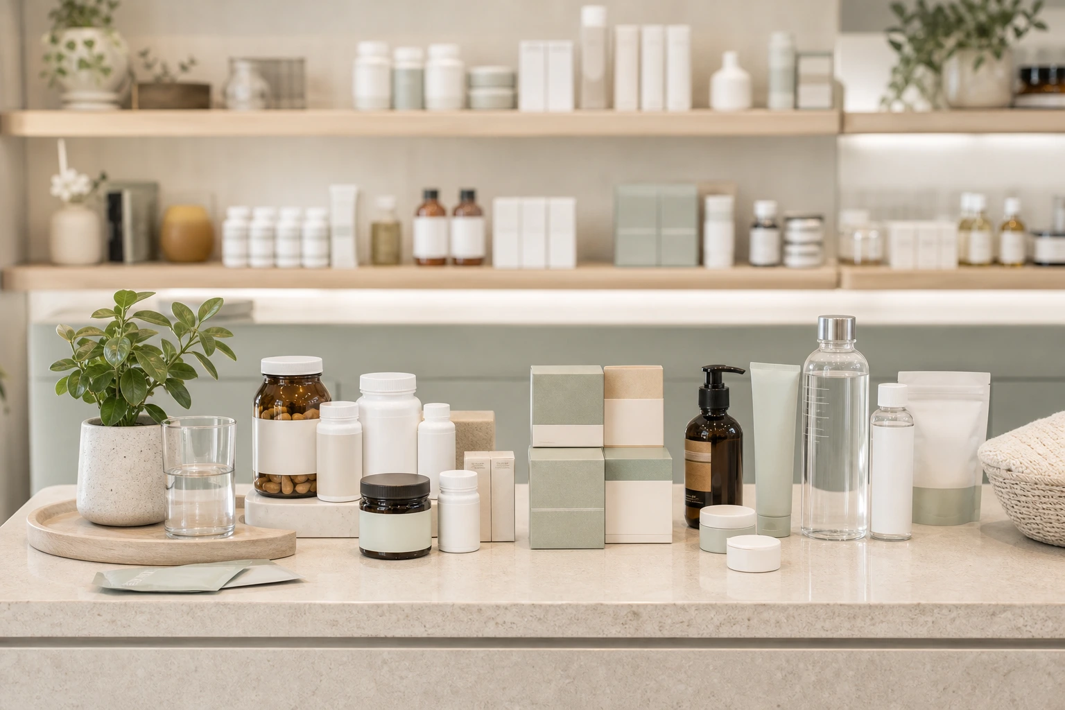 Health essentials counter with vitamins and calm wellness presentation