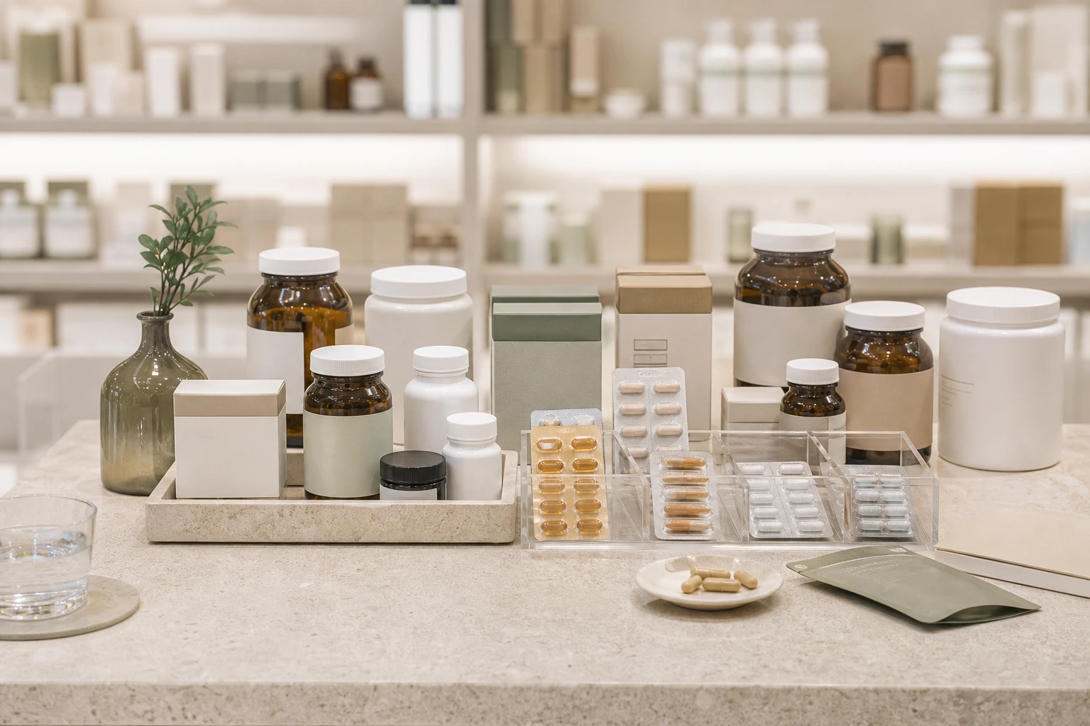 Supplements and daily packs arranged on a clean pharmacy table