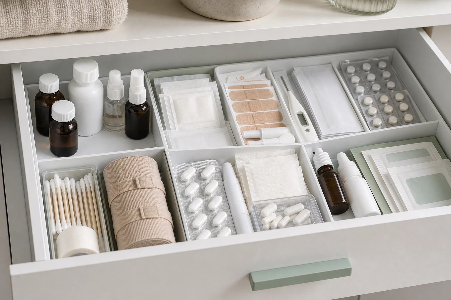 First aid drawer with bandages thermometers and OTC basics