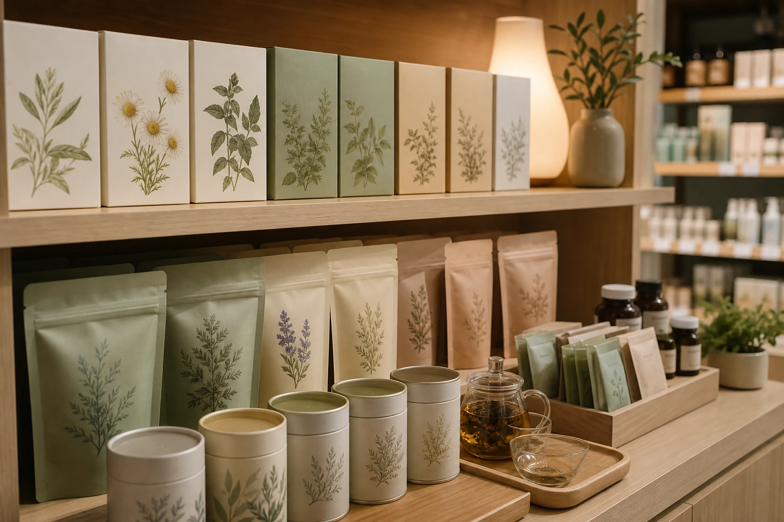 Herbal teas and recovery products arranged in a wellness corner