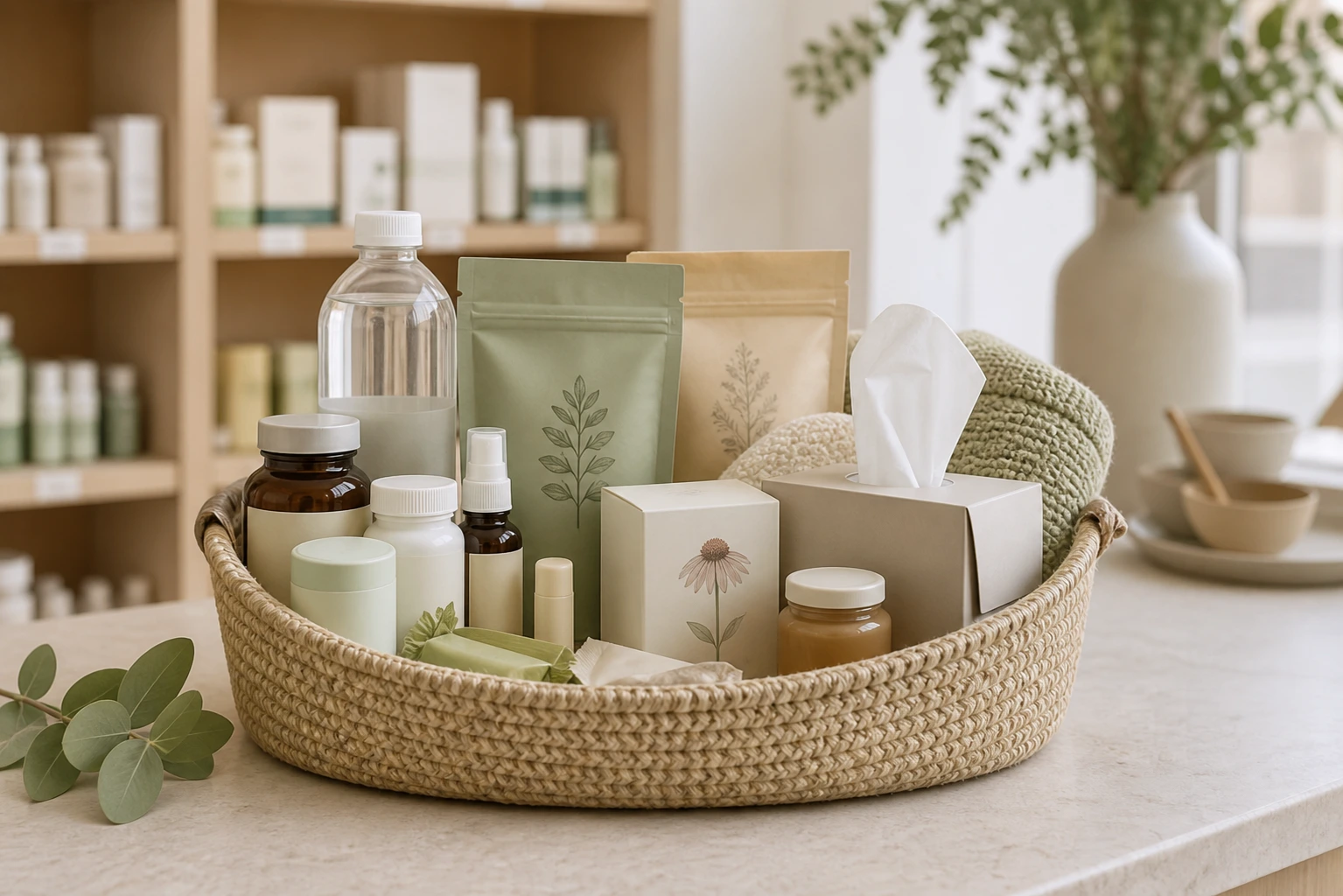 Recovery basket with hydration products vitamins and gentle care essentials