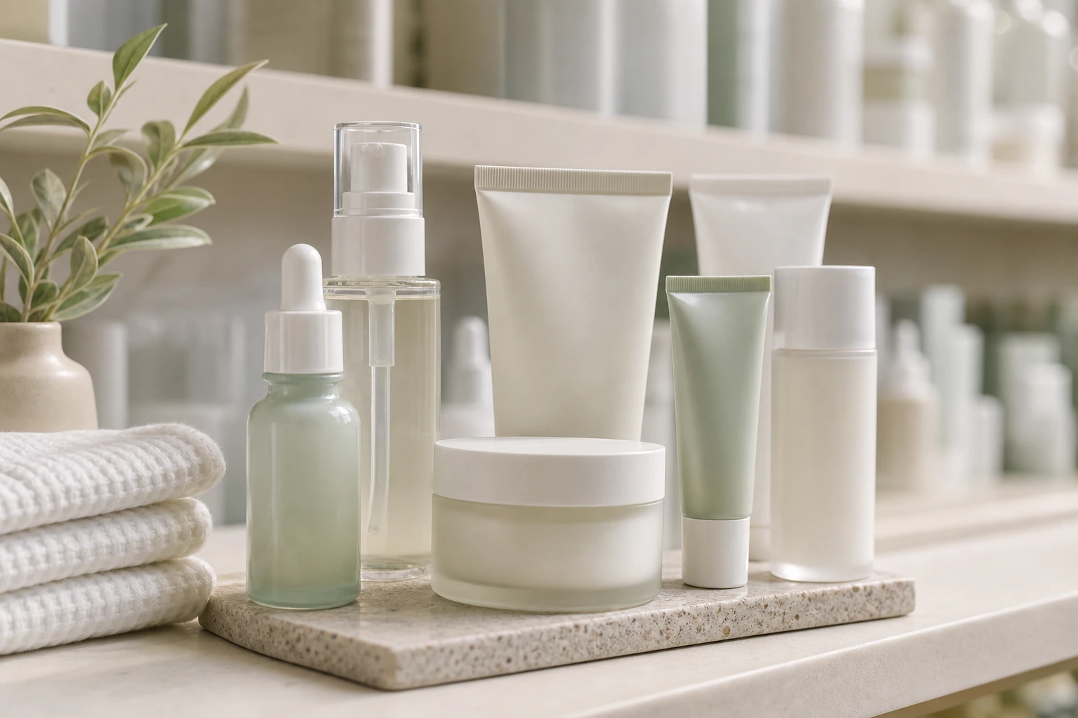Close view of dermo skincare and serum packaging in soft light