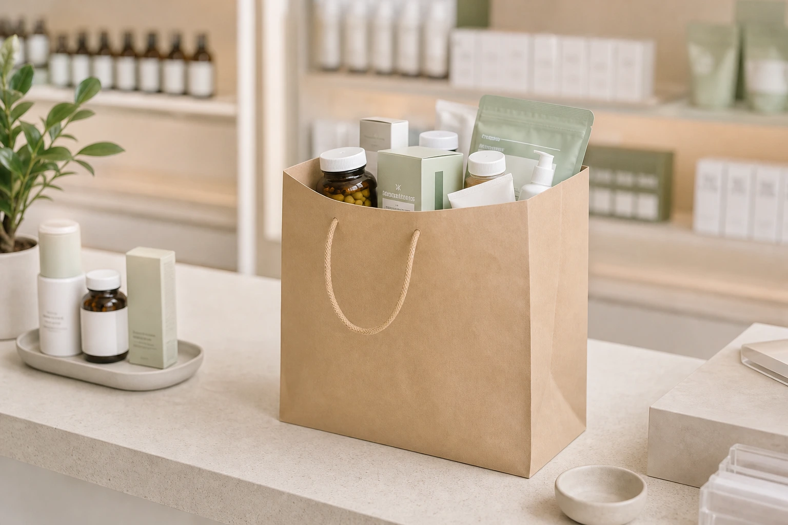 Health-store order packed in a clean paper bag with product essentials