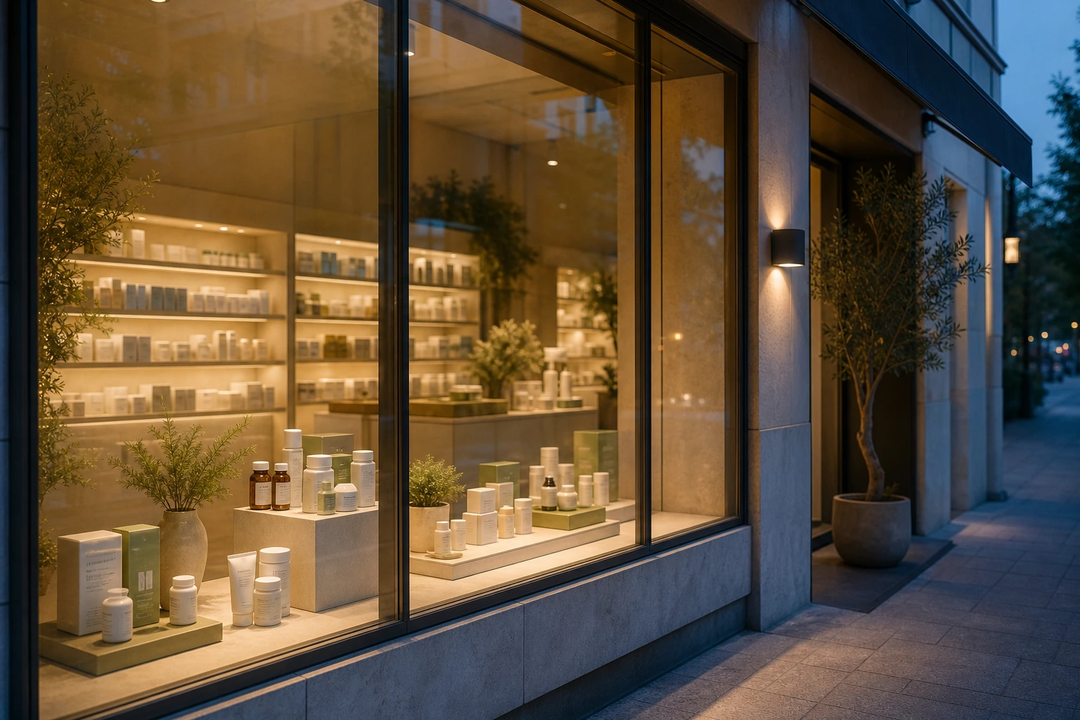 Evening pharmacy storefront with soft wellness-focused light