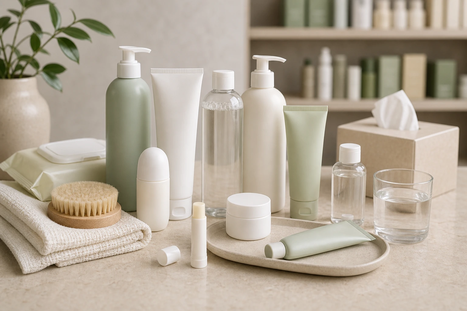 Daily care essentials arranged for a calm pharmacy card