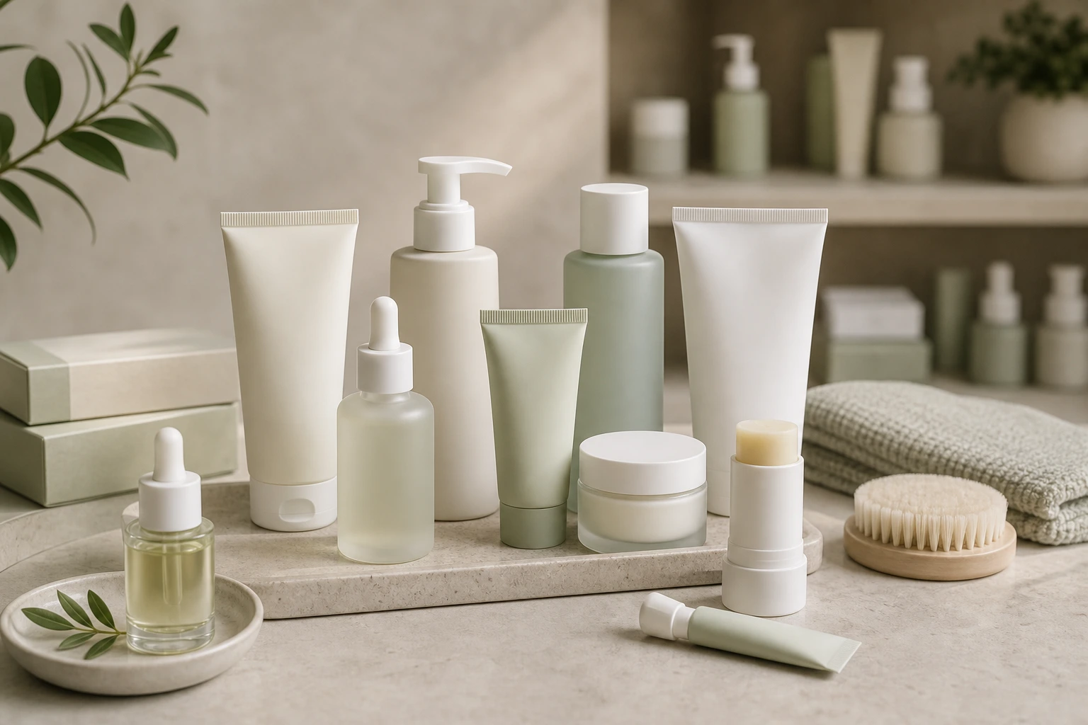Dermo skincare products staged for a premium care category card