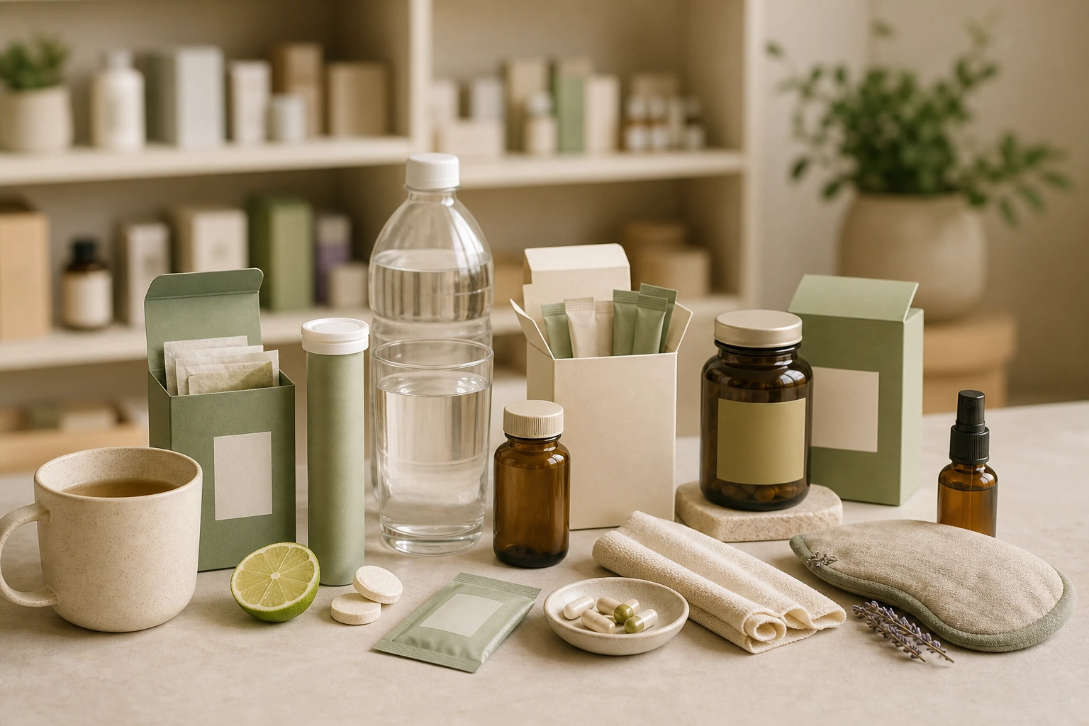 Wellness products teas and recovery items arranged for a storefront card